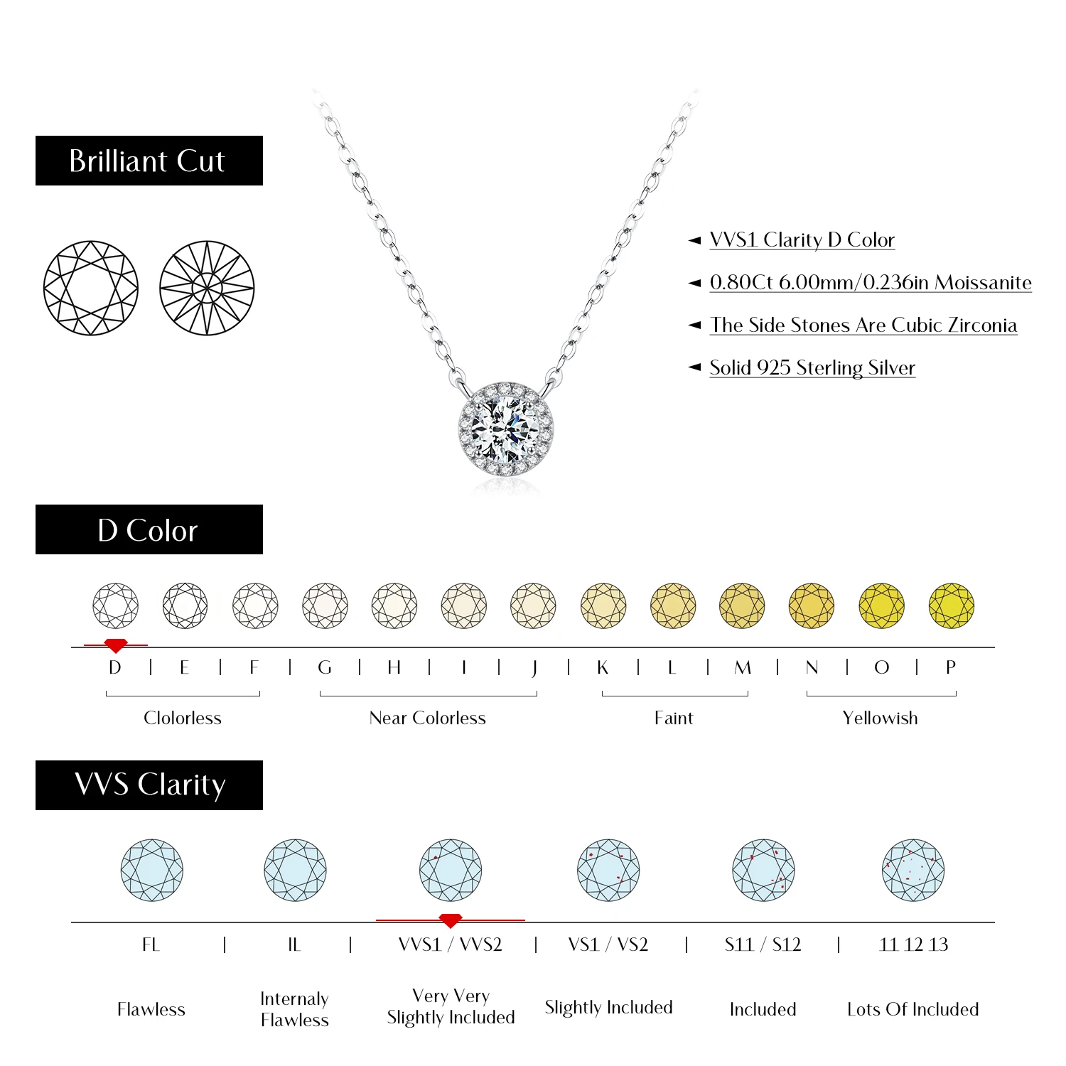 0.8 Carat D Color Classic Halo Moissanite Pendant Necklace 925 Sterling Silver Lab Diamond Wedding Jewelry For Women silver pendant necklace