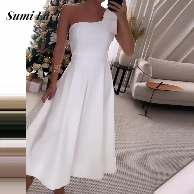 

New Elegant Bow One Shoulder Dress Fashion Solid Color Ladies Waisted A-Line Dress Women Sexy Backless Folds Big Hem Party Dress
