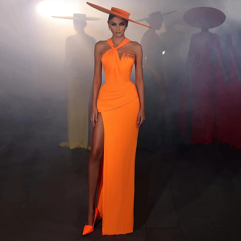 

Thinyfull Сексуальные вечерние платья-русалки для выпускного вечера с воротником хомутом и бисером с Боковым Разрезом Вечернее Коктейльное платье для выпускного вечера