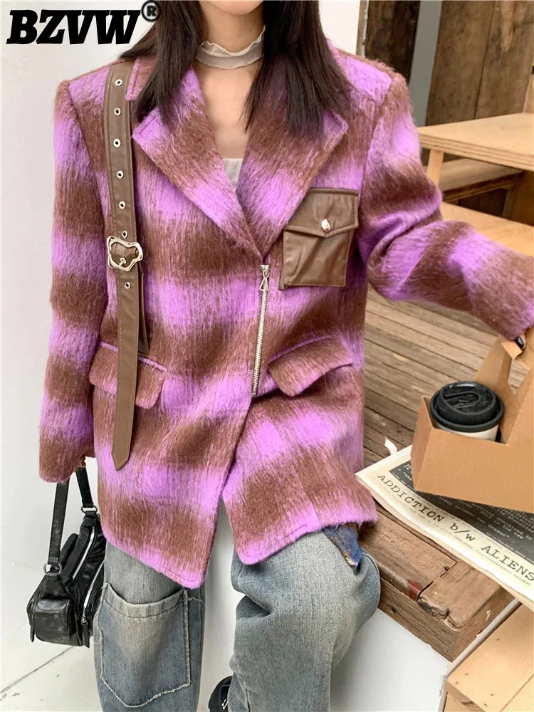 

BZVW Fluorescent Purple Large Grid Woolen Blazer For Women Coat 2023 Winter New Niche Fashion Novelty Suit Jacket Female 25X3575