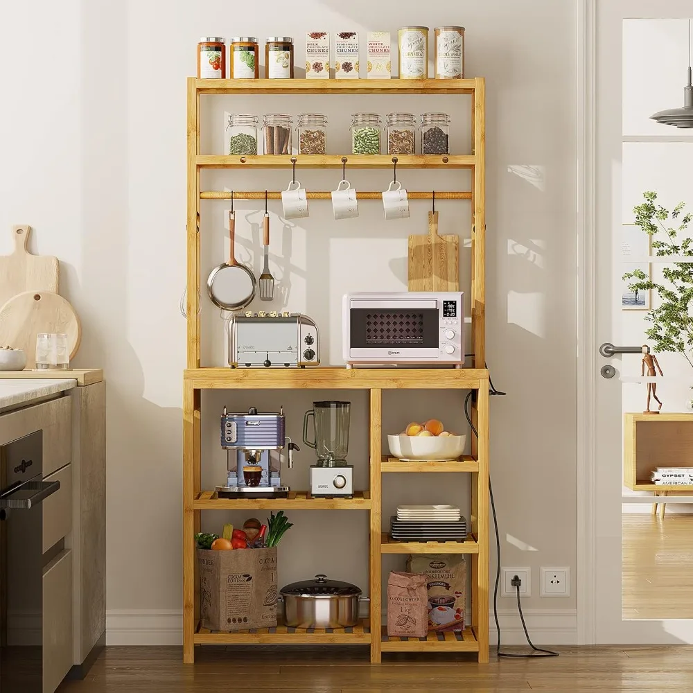 Bakers Rack with Power Outlets, 8-Tier Microwave Stand, Kitchen Utility Storage Shelf 10 S-Shaped Hooks, Coffee Bar Table