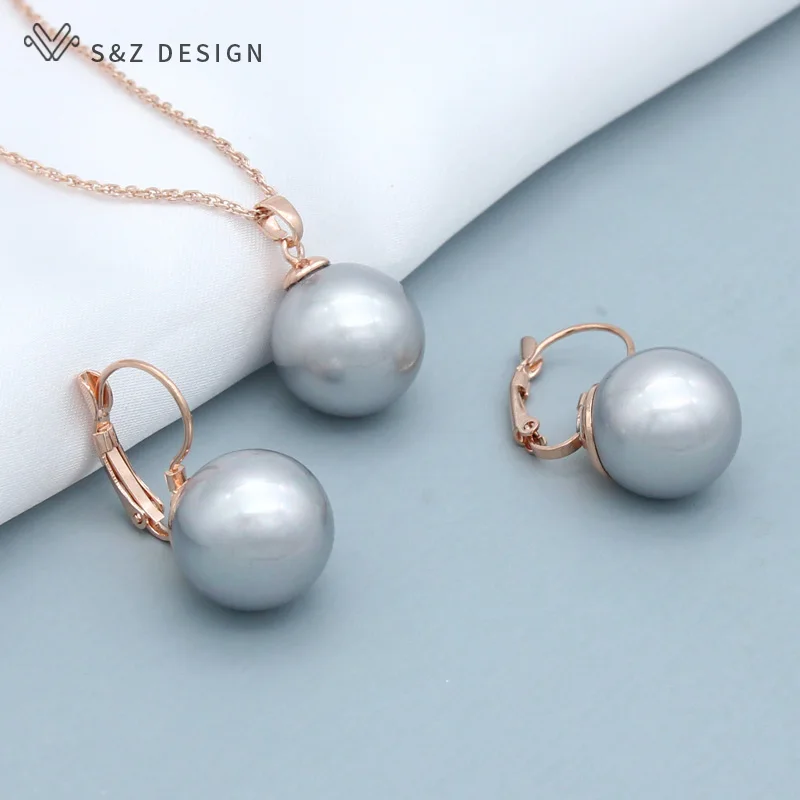 S&Z DESIGN New Fashion Round Simulated Pearl Dangle Earrings Jewelry Sets For Women Wedding 585 Rose Gold Color Necklace