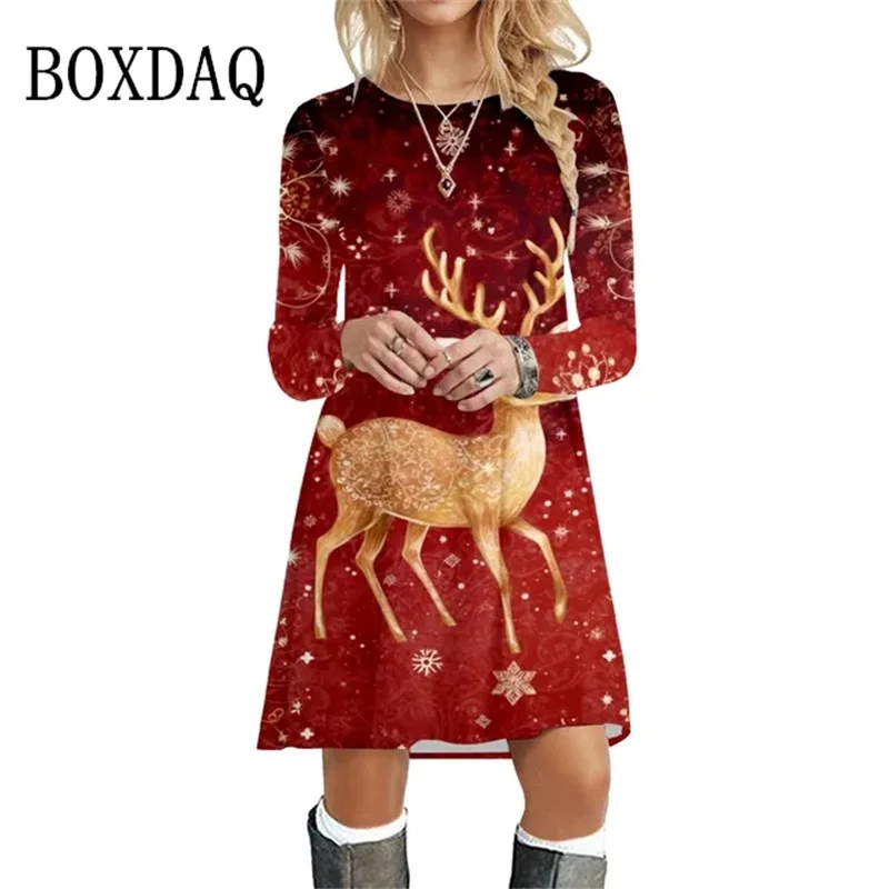 

Elegant Christmas Party Women Dresses Fashion Autumn Winter Streetwear Casual Long Sleeve O-Neck Loose Dress Sweet A-Line Dress