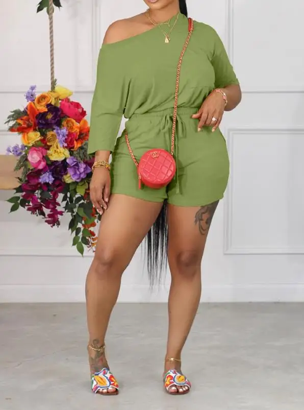 

New Hot Selling Fashion Women's Diagonal Neck Top and Drawstring Shorts Set Spring/summer 2023