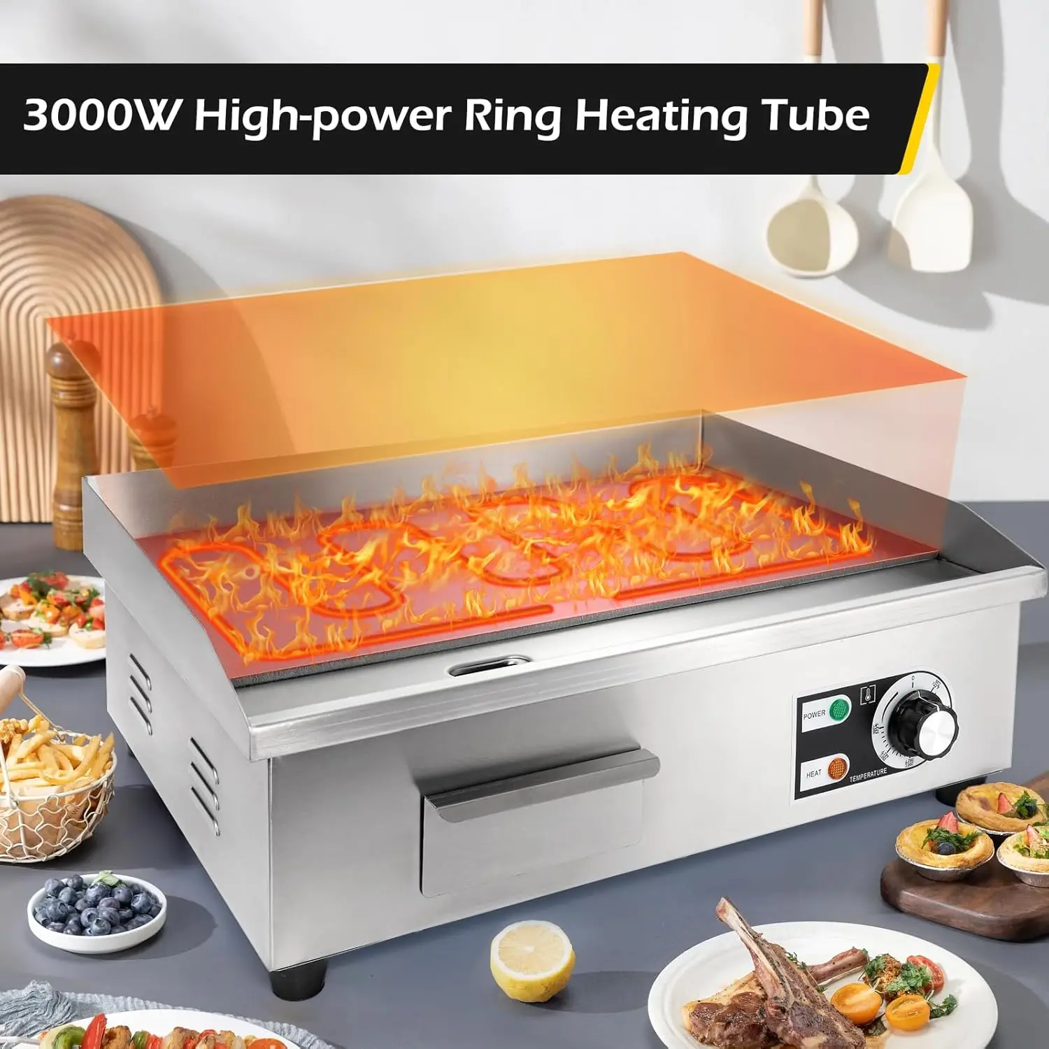 Commercial Electric Griddle 22'' Flat Top Grill Countertop Griddle 3000W 110V Stainless Steel Teppanyaki Grill Large Griddles fo 2