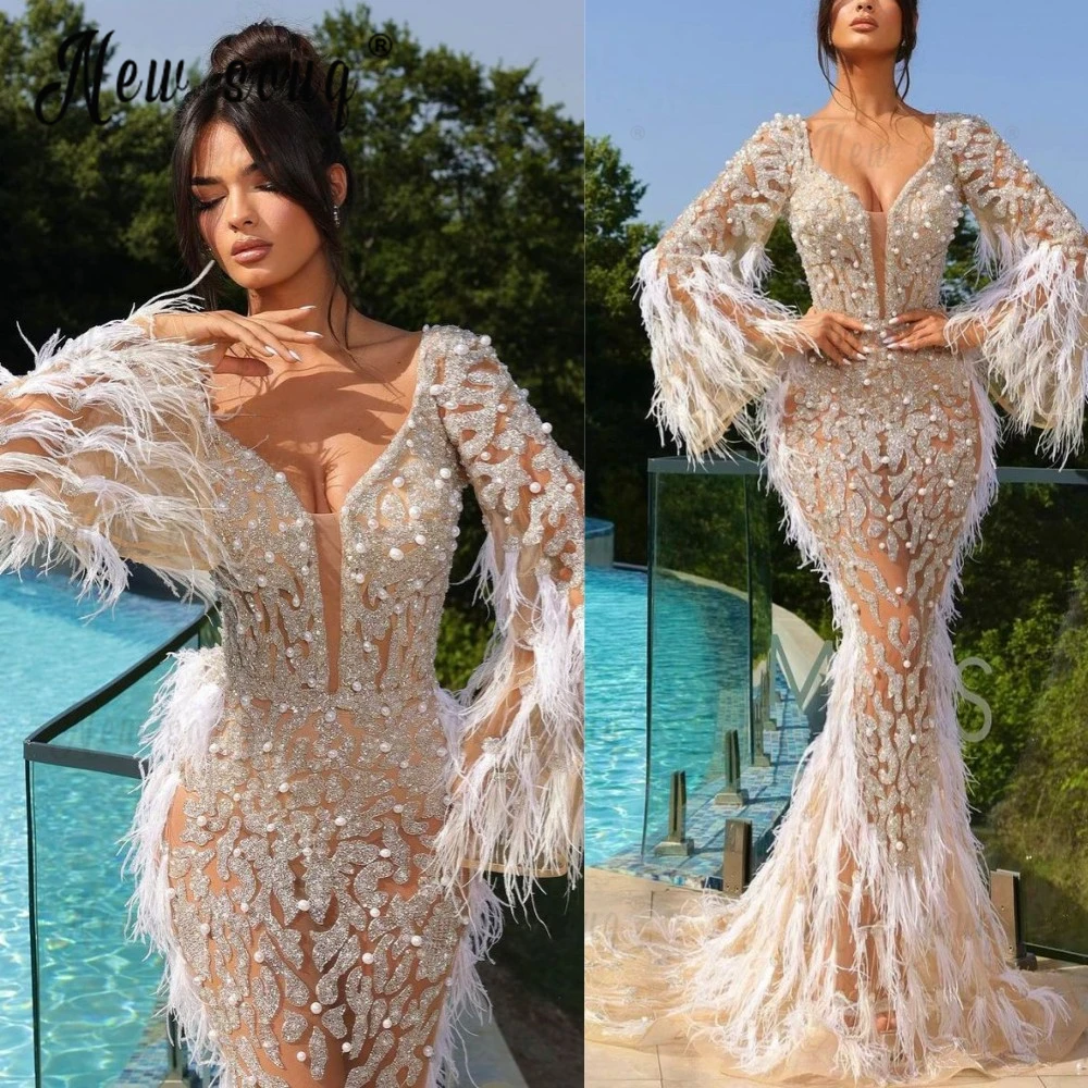 

Gorgeous Feather Evening Dress Arabic Mermaid Trumpet Sleeve Wedding Party Gown Tailor Made See Through Beaded Vestidos De Noche