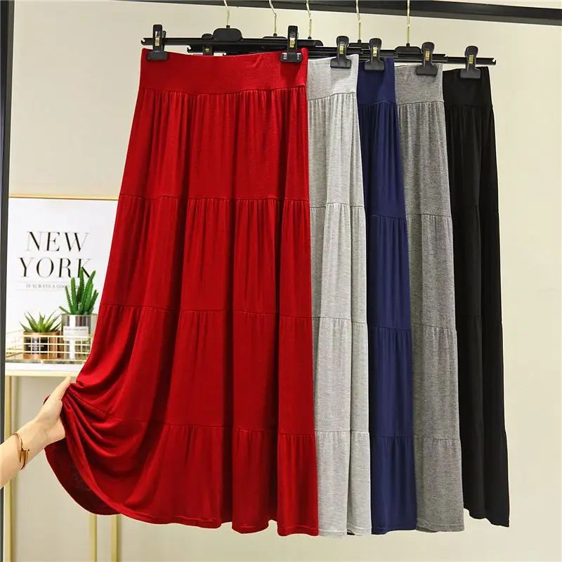 

2023 Summer Autumn Women Long A Line Pleated Skirts Solid Elastic High Waist Modal Skirt Female Big Swing Maxi Skirt Saia VD4117