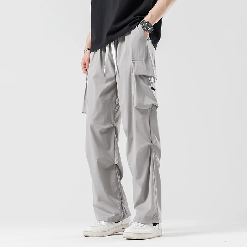 2024 New Spring/Summer Men's Solid Color Drawstring Pocket Elastic Waist Sports Unisex Outdoor Straight Leg Casual Cargo Pants