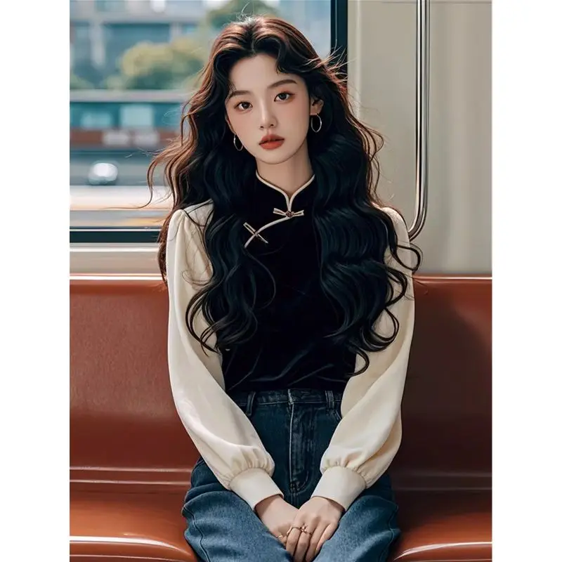 Chinese Improved Top Long Sleeve Autumn Winter Qipao Top Bottom New Chinese Style Black Velvet Button Shirt For Women