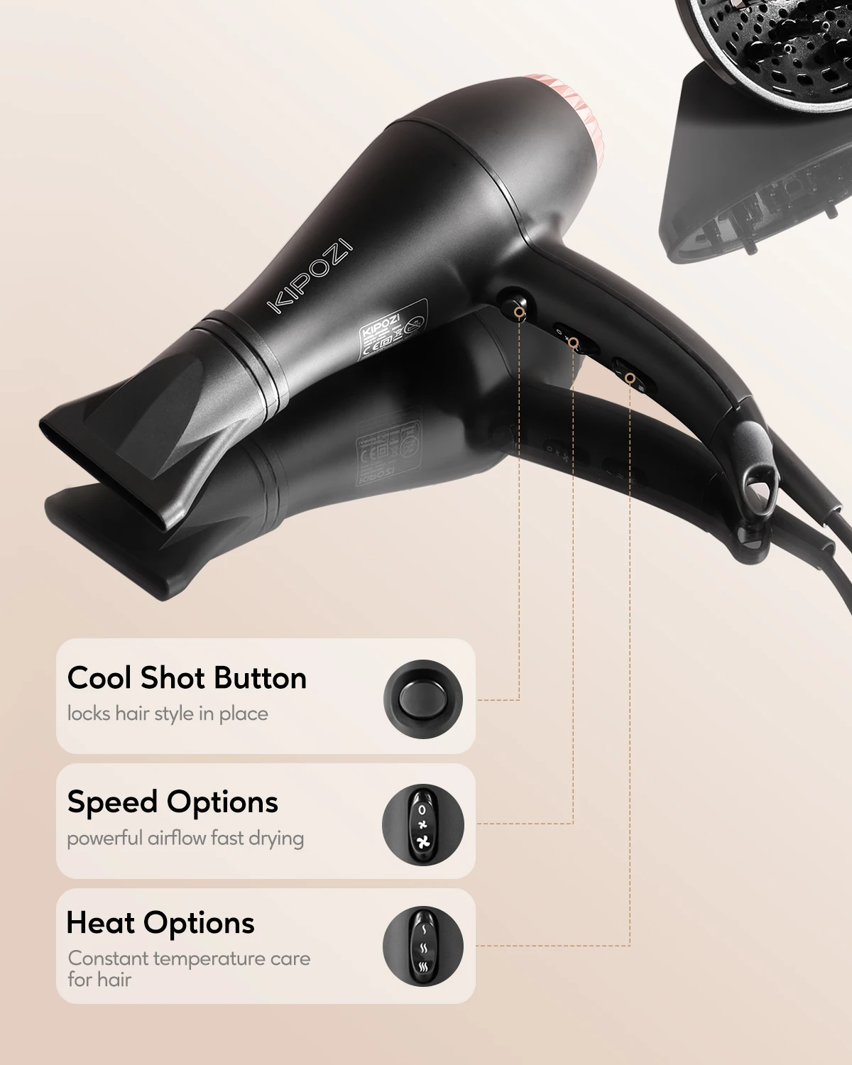 KIPOZI secadores de pelo profesionales de 2200W, secador de pelo iónico  negativo con difusor y concentrador de flujo de aire, tiempo de secado  rápido| | - AliExpress