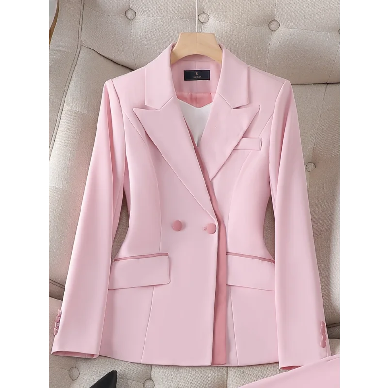 

Women Blazer Autumn Winter Fashion Patchwork Pink White Office Ladies Business Work Jacket Coat Double Button Formal Female Tops