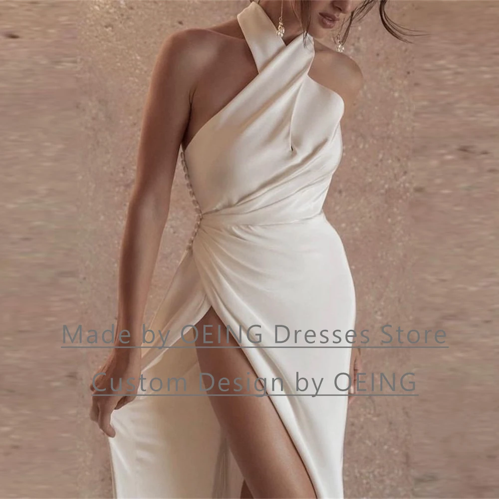 

OEING Simple Haliter Stretch Satin Wedding Dresses Backless High Slit Long Korea Bridal Bride Gowns Custom Formal Party Dress