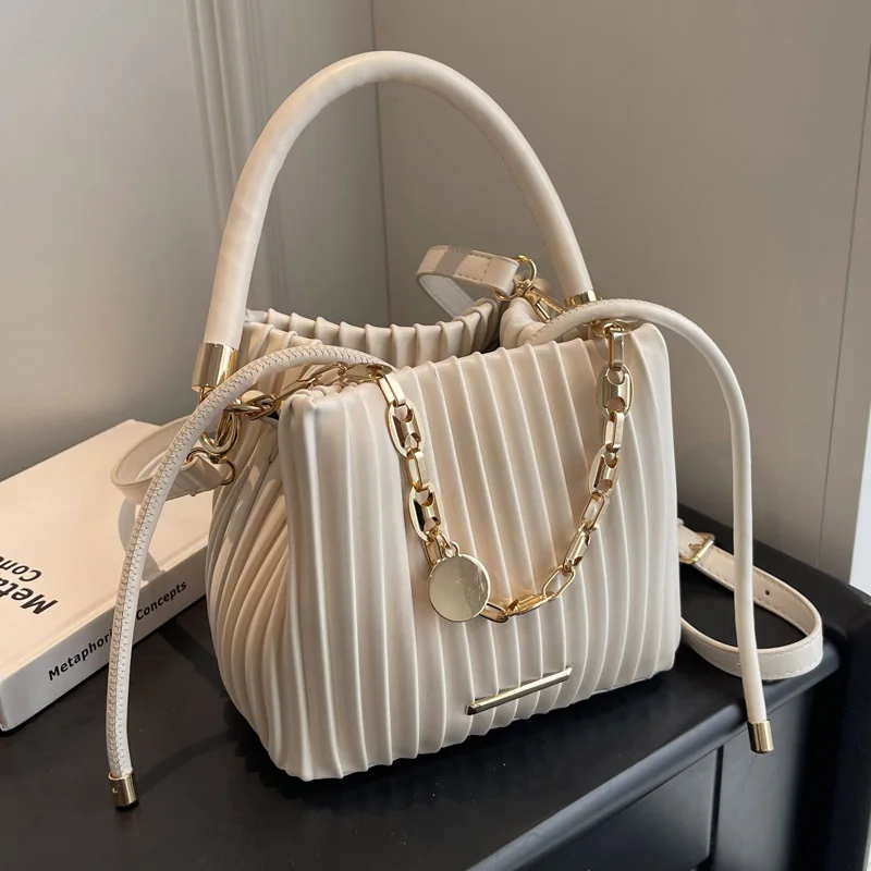 Luxury Designer Chain Striped Pleated Women's Handbag Internet Celebrity  Crossbody Bag Small Bucket Tote 2023 Summer New