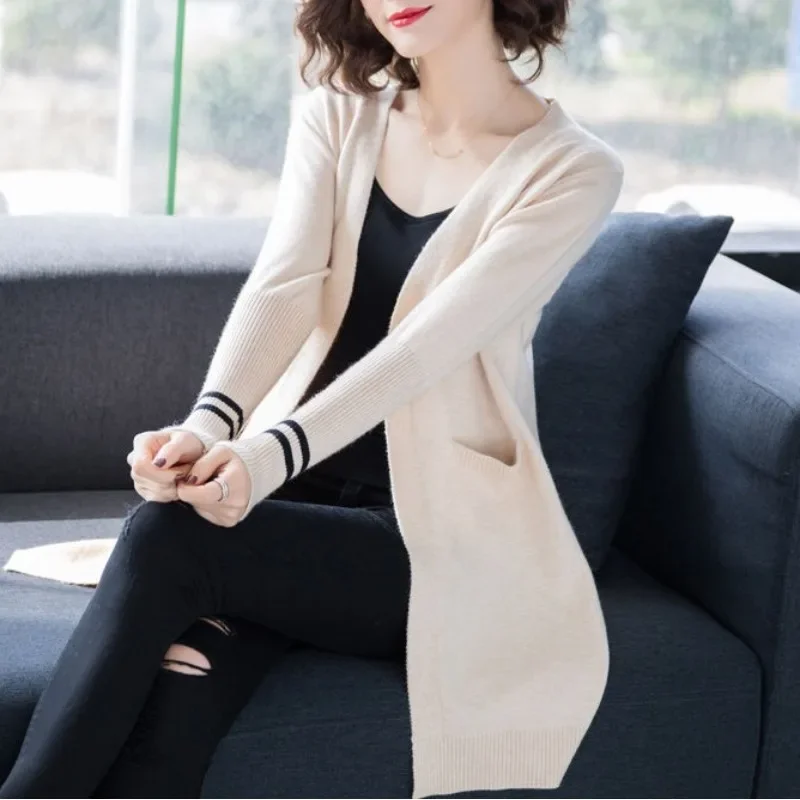 

Women's Solid Knitted Cardigan Spring and Autumn Midi Loose V-neck Long Sleeve Pocket Bright Line Decoration Sweater Casual Coat