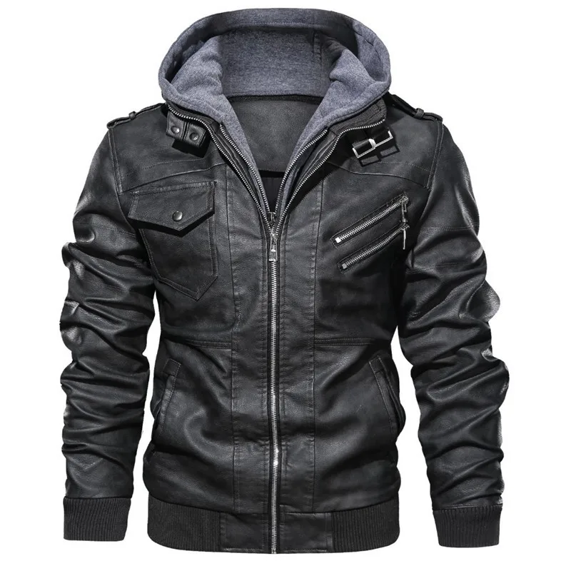 Autumn And Winter Vacation Two Piece Leather Coat Men's Hooded Motorcycle Leather Jacket Detachable Hat Coat Punk Rock Coat images - 6