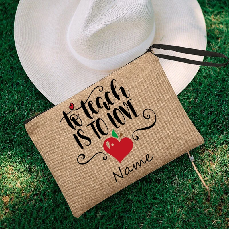 

Rainbow Teacher Pencil Case Personalized Custom Name Linen Stationery Supplies Storage Bags Travel Neceser Makeup Bag Best Gifts