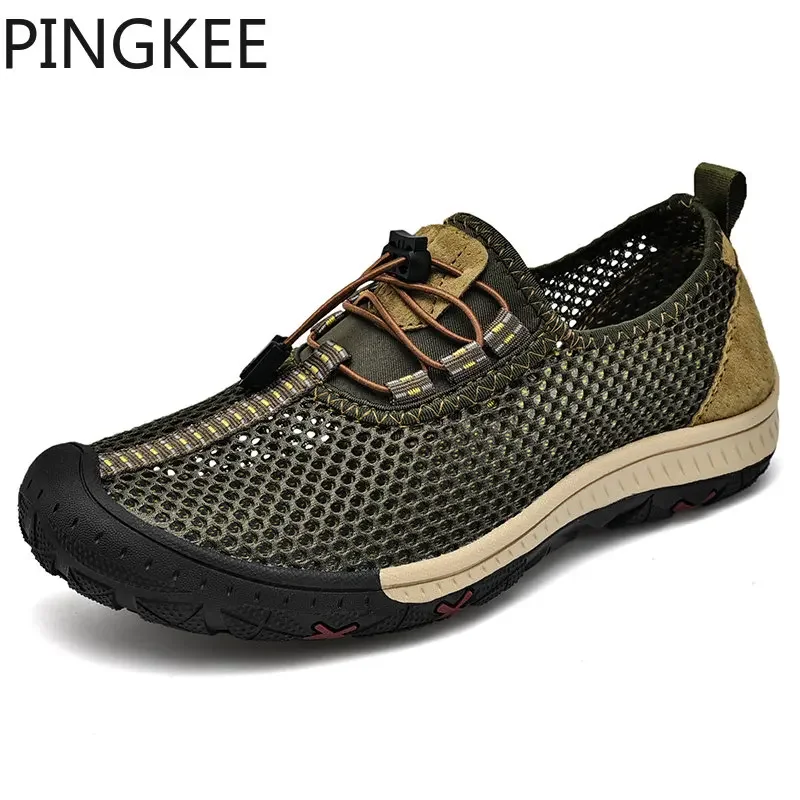 

PINGKEE Lace-lock Bungee Cord Mesh Upper Quick Drying Light Round Toe Bumper Water Aqua Men Shoes Summer Hiking Sandals For Men