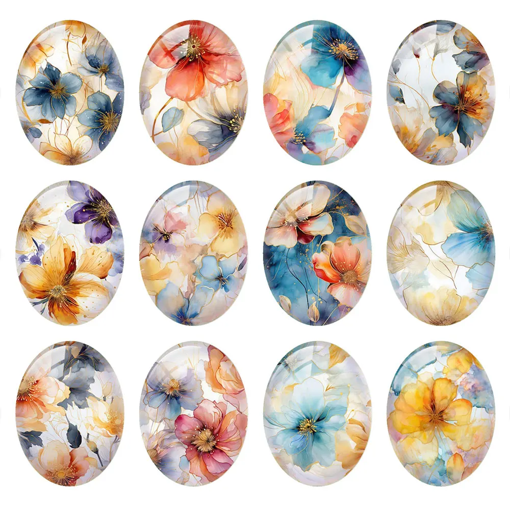 

10pcs/lots Ink Flower Oval Photo Glass Cabochon Flatback Charms Demo Flat Back Cameo For Diy Jewelry Making Findings Accessories