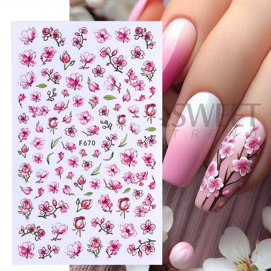 7pcs Pink Cherry Blossom Nail Stickers Romantic Sakura Flowers Design Decal Spring Summer Theme Elegant DIY Charm Manicure Foils