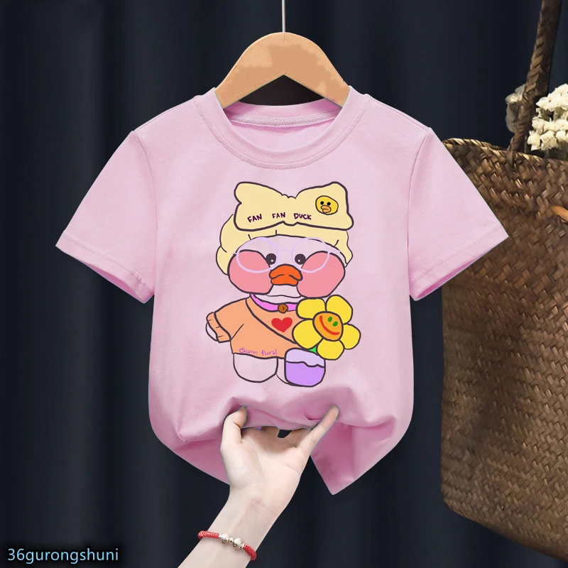 

Funny T-Shirt for Girls New Cute Lalafanfan Plush Toy Kids Birthday Gift T Shirt Kawaii Girls Pink Tops Short Sleeve Tshirts