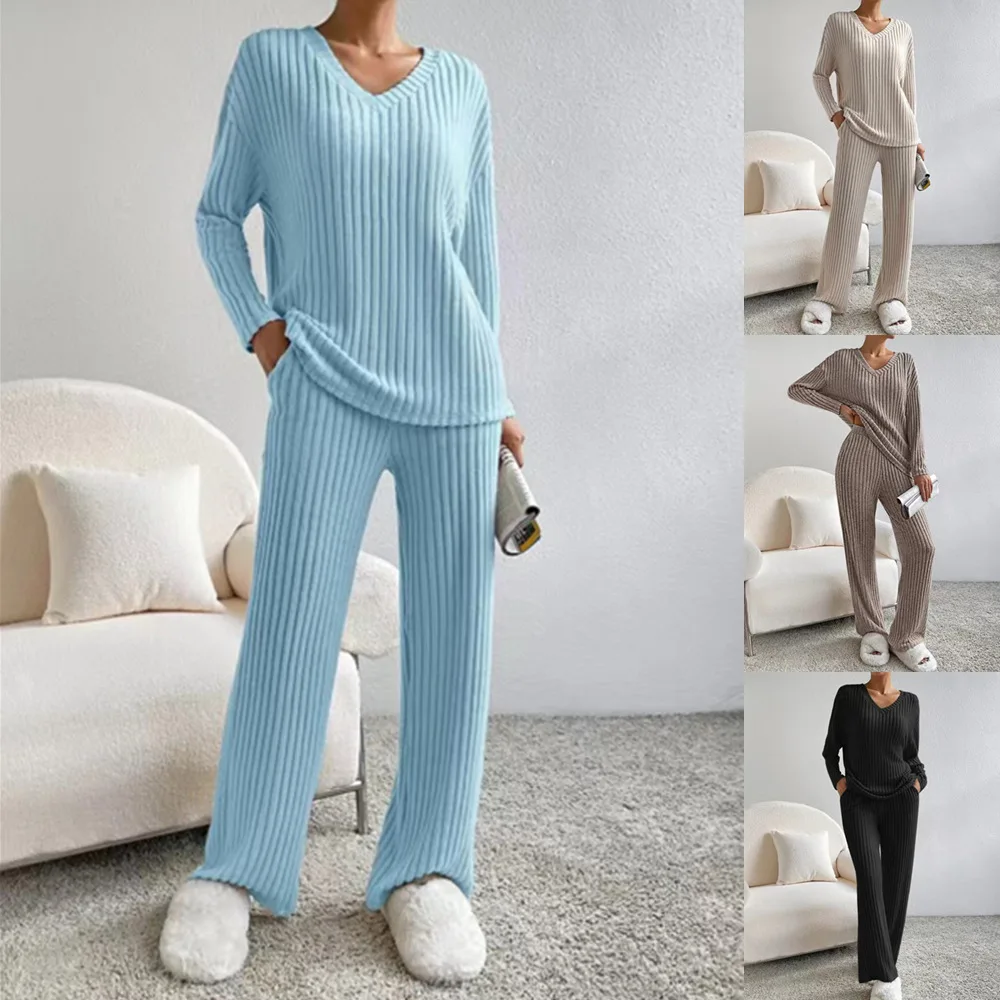 Women 2pcs Knitted Loungewear Set Loose Long Sleeve Sweater Straight Pants Headband Pajamas Loungewear Pajama Set