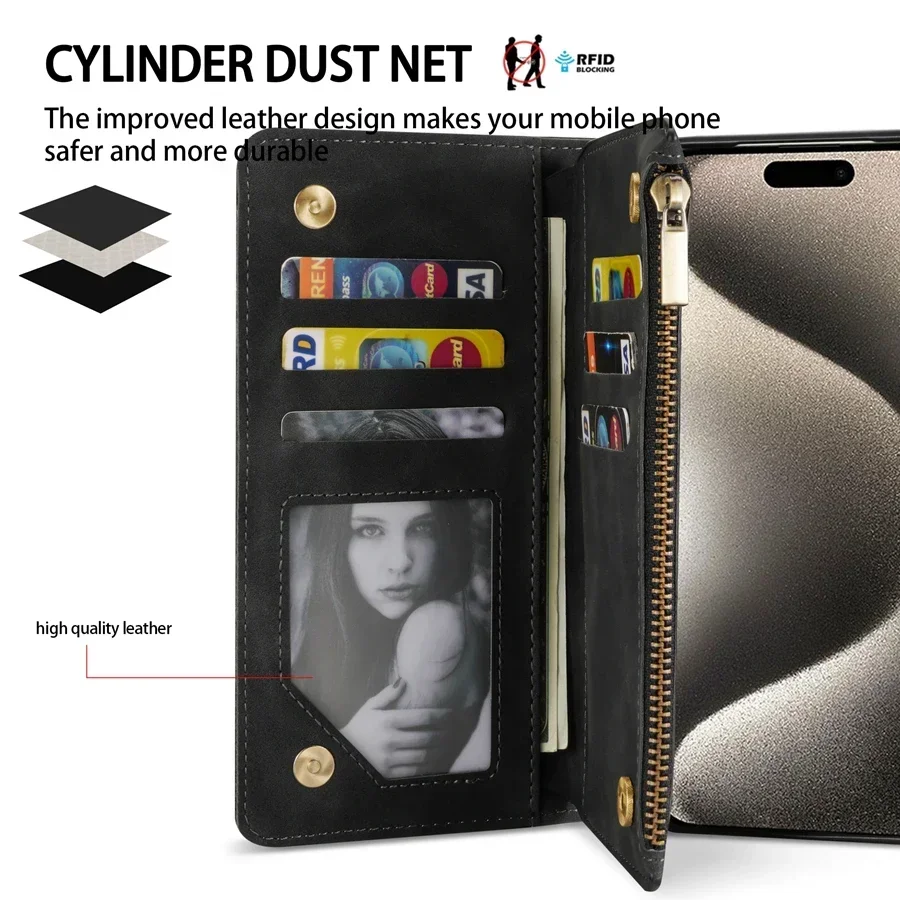 Versatile Multi-Card Zipper Wallet with Kickstand & Magnetic Closure – Leather Case