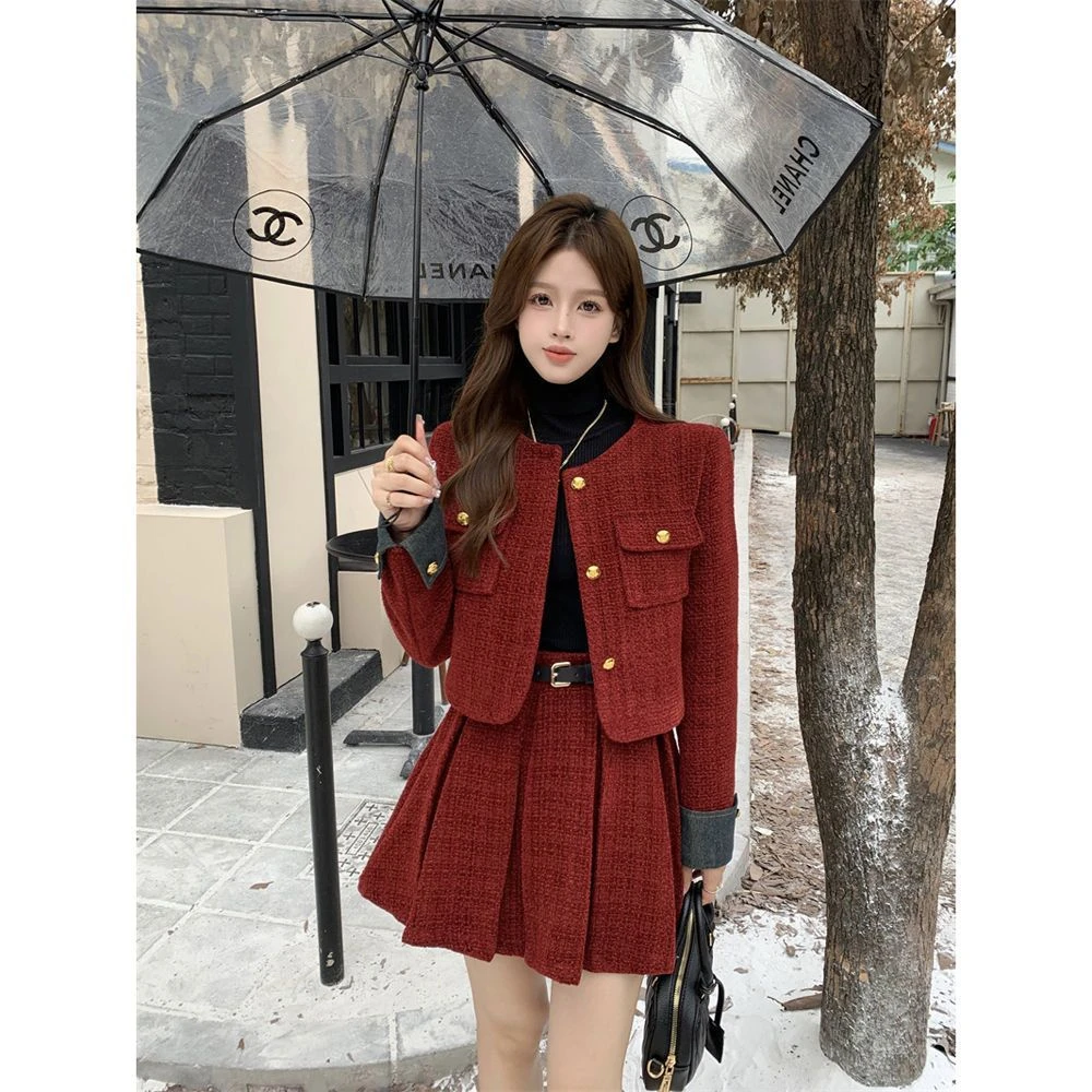Autumn Winter New Red Tweed Two-piece Skirt Set Women Short Jacket Coat Pleated Mini Skirt Korean Fashion Chic Female Outfits