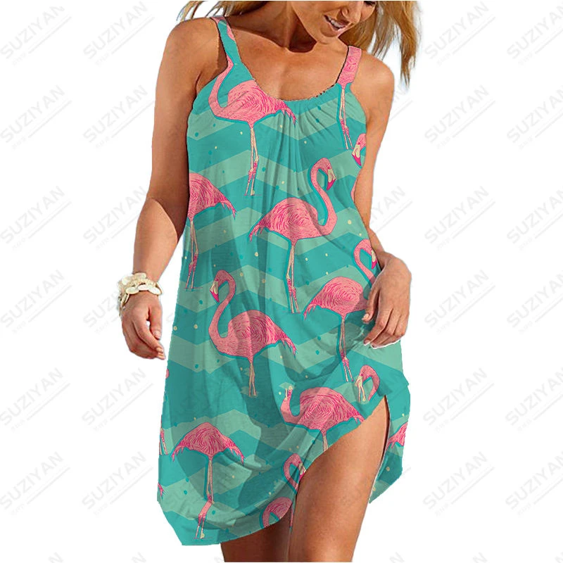 2023 New Hawaiian Fashion Short Skirt Women's Loose Round Neck Sexy Shirt Summer Strap Irregular Dress Flamingo 3D Print Fashion
