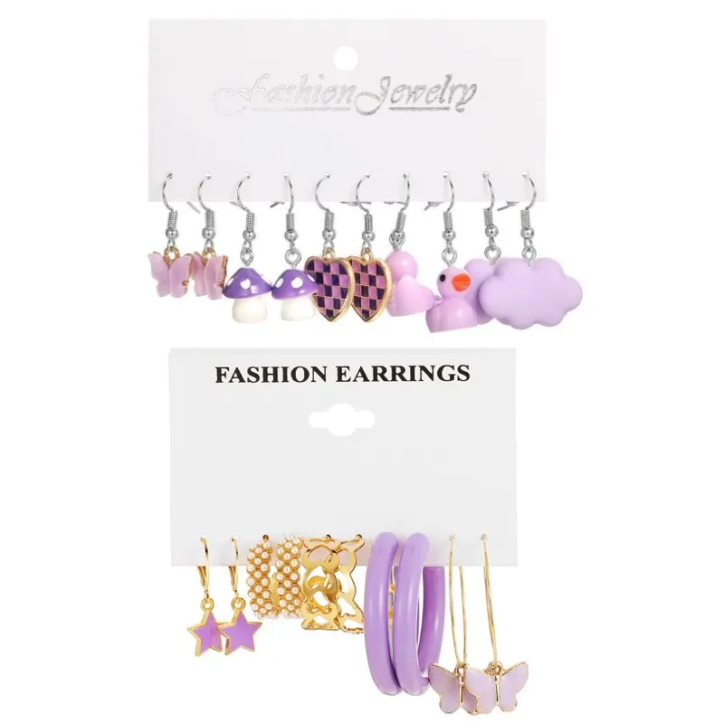 S6afc232466ae47d9b6d391cc216e4927V 10pcs Set of Ladies Earrings Purple Pentagram Creative Pearl Duck Mushroom Cartoon Earrings Mallzona