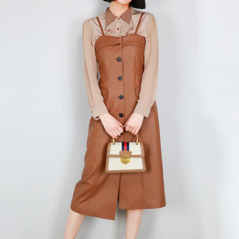 

Women's Suspender Dress Leather Sheepskin High Waist Irregular Skirt Design Medium Long Skirt Women's Leather Skirt