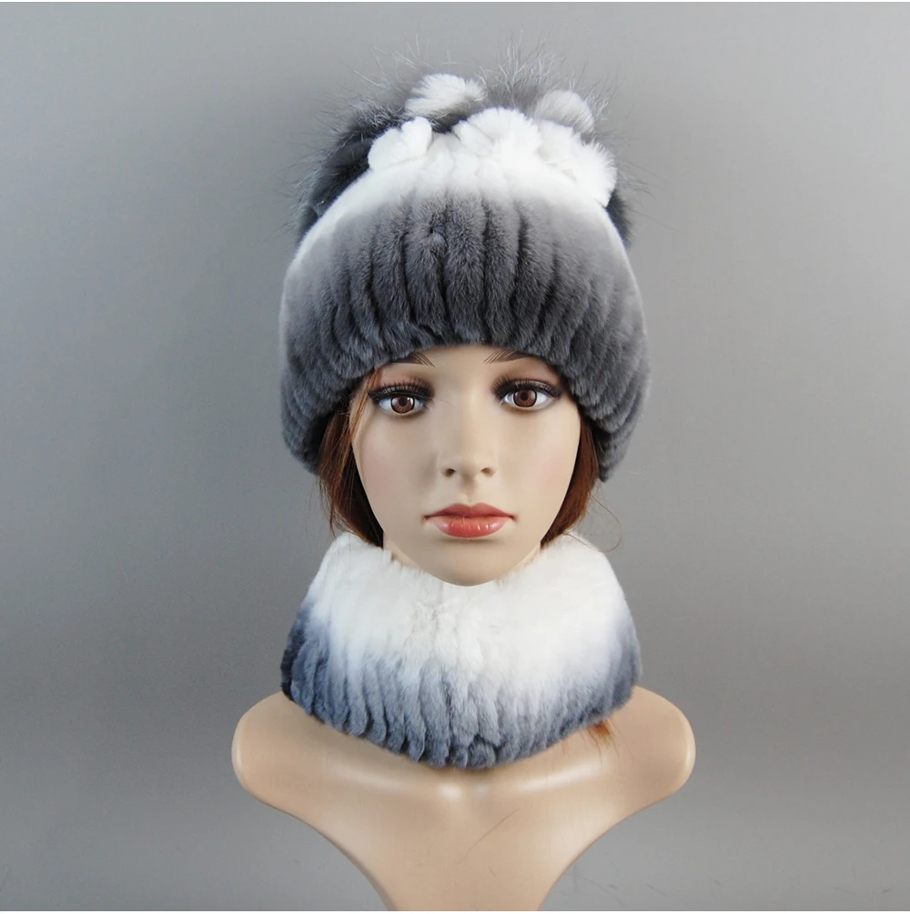 Real Rex Rabbit Fur Hat And Scarf Set Women Winter Knitted Beanie Hat Natural Fur Skullies Beanies Woman Hat Female Cap Elastic