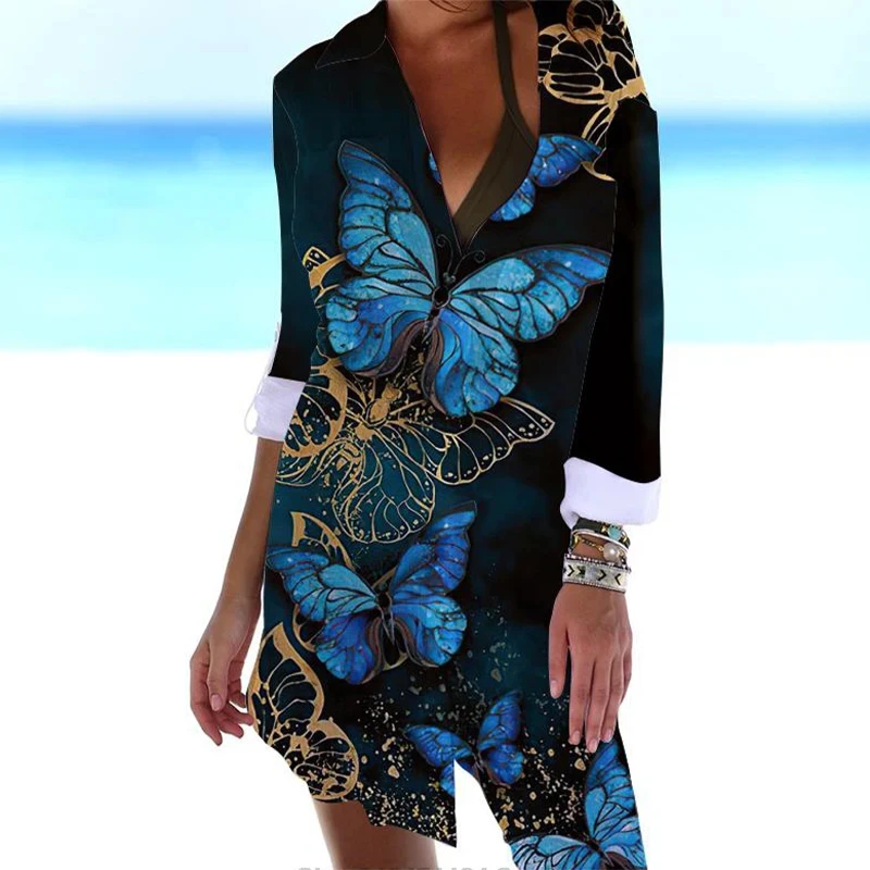 

Hawaii Butterfly Printed Black Shirt Dress for Women Beach Sexy Blouses Outwear Shirt Long Sleeve Maxi Dress Vestidos Mujer Traf