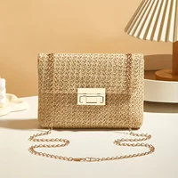 Woven Straw Handwoven Women’s Shoulder Bag, Fashion Solid Color Crossbody Purse with Lock Closure