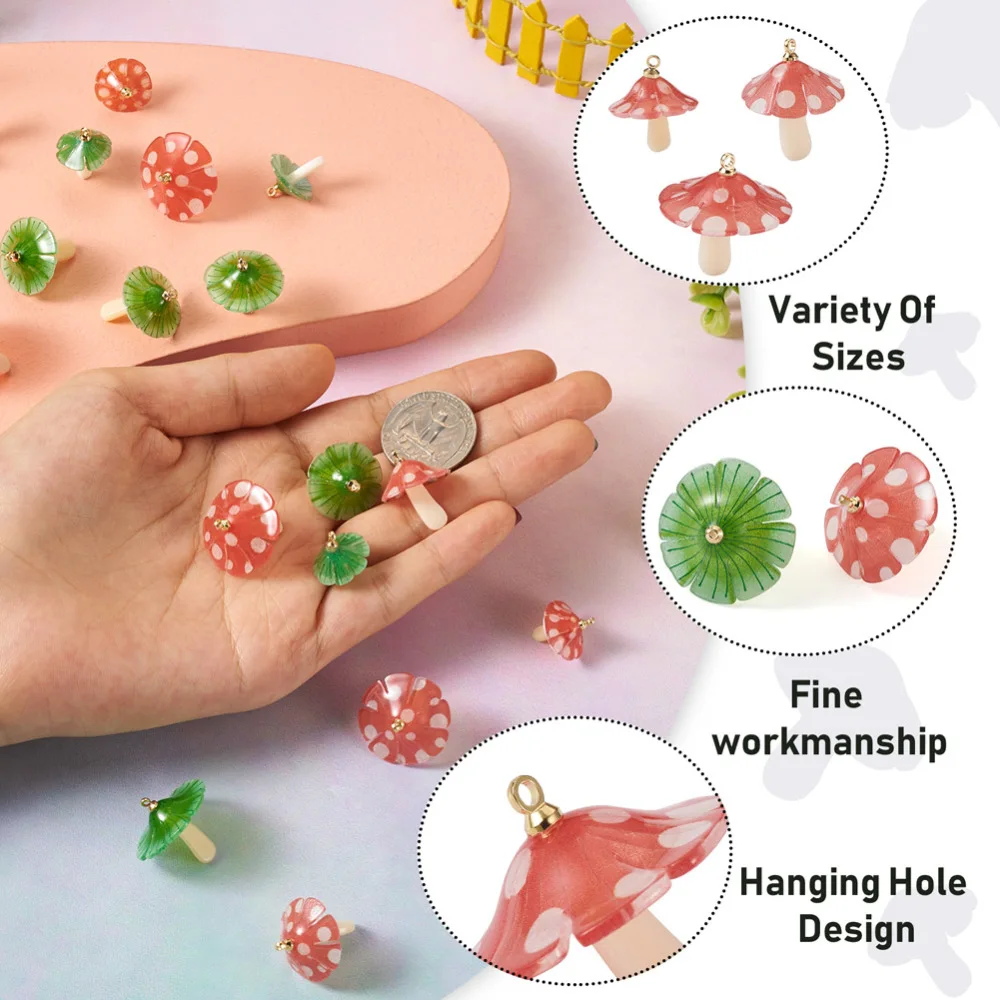 50Pcs Plastic Pendants Colorful Mushroom Charms With Acrylic & Golden Plated Brass Loops For Women Earring Diy Jewelry Making