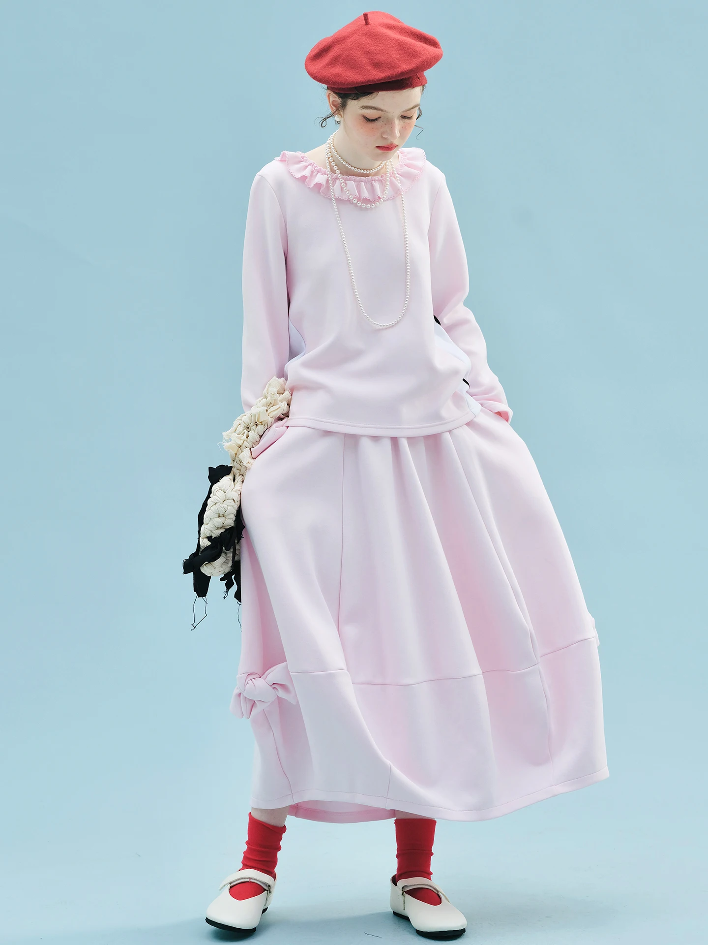 Sweet Bow - Decorated Pink Midi Skirt Daily Street - Wear Girlish & Age - Defying Skirt 255247