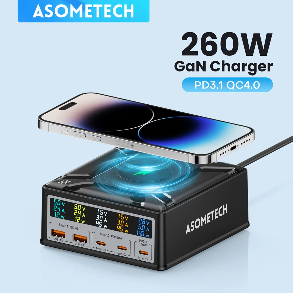 260W 5 Ports Fast USB C Charging Station Wireless Charger 140W PD3.1 USB C GaN Charger with LCD Display for MacBook IPhone 14 13