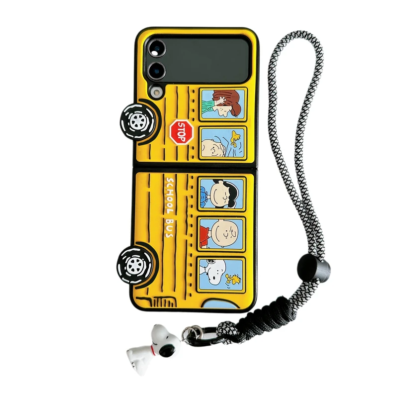 thumbnail image 1 of Bonita funda para teléfono con cordón de autobús escolar amarillo con dibujos de Snoopy y Peanuts para Samsung ZFlip 3 4 5 zflip3 zflip5 divertida funda de Charlie Brown, 1 of 5