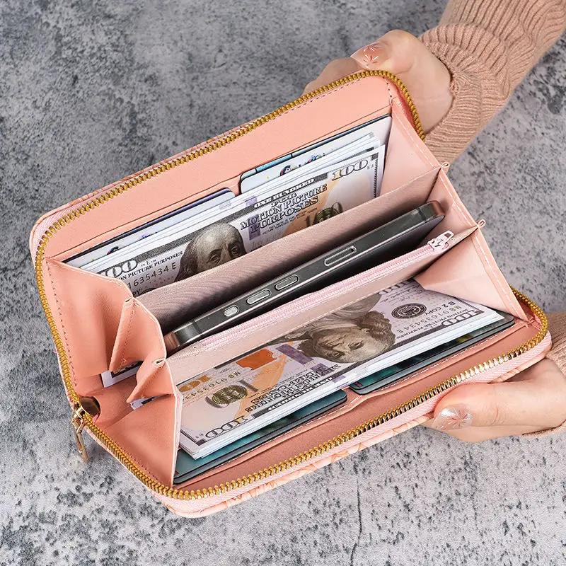 Floral Embossed Leather Women's Long Wallet – Hand-Painted Design with Phone and Card Holder