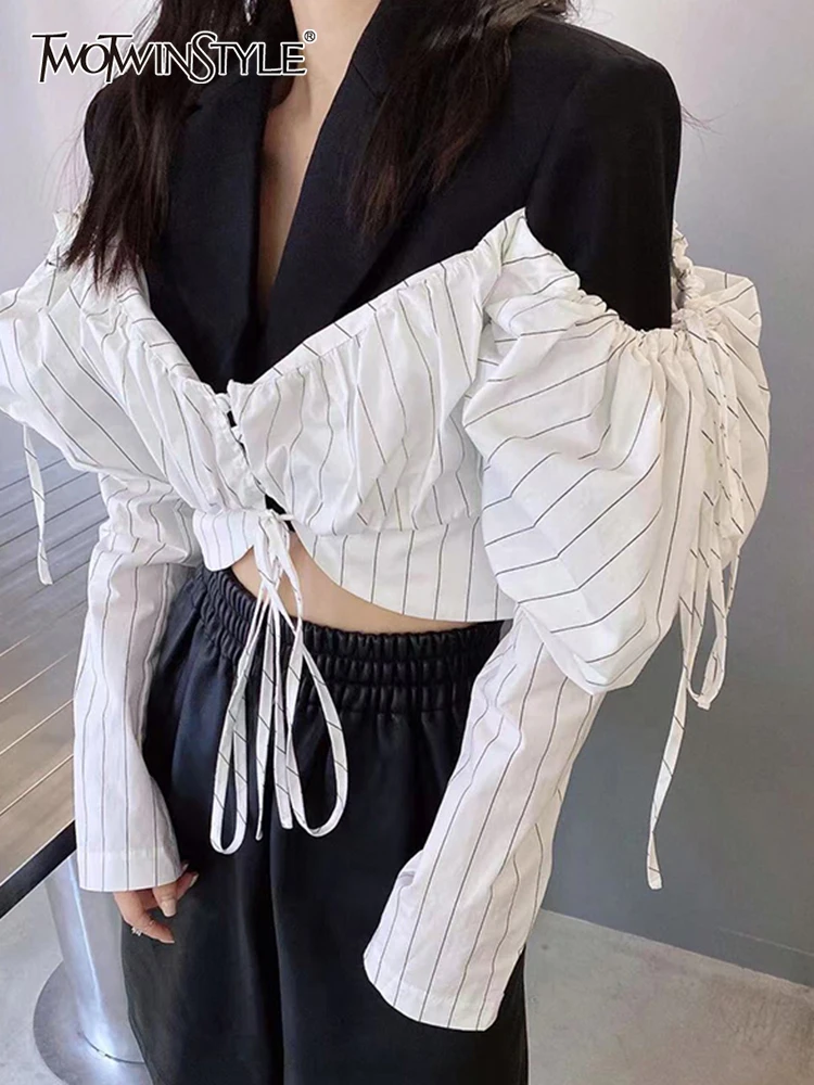 

TWOTWINSTYLE Korean Fashion Fake Two Blazer For Women Notched Collar Long Sleeve Patchwork Colorblock Coats Female 2022 Clothing