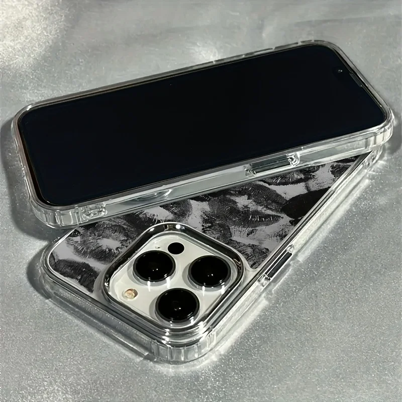 Electroplated Lens Frame Clear Phone Case with Black Lip Print Design
