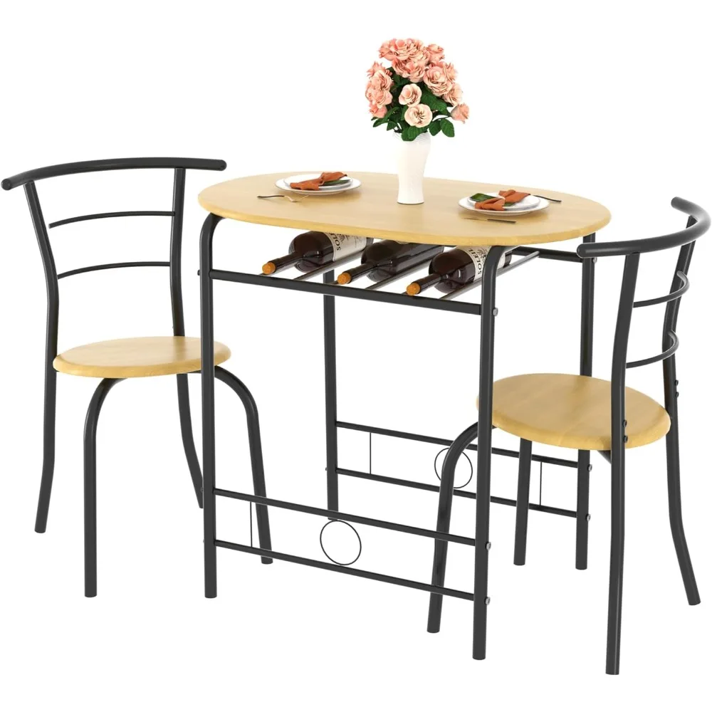 

VECELO 3 Piece Small Round Dining Table Set for Kitchen Breakfast Nook, Wood Grain Tabletop with Wine Storage Rack, Save Space,