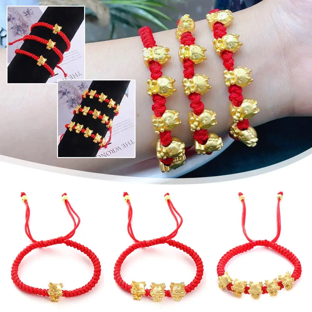 

New Year Dragon Turtle Year Bracelet Retro Hand Rope Bracelet Jade Rope Lucky Style Red Pendant Girls Chinese Fortune A0W1