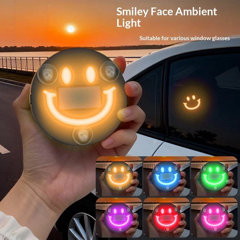무선 태양광 발전 웃는 얼굴 모양 삼각형 창문, 6색 장식 네온 조명, 실내 분위기 조명 LED 차량용품