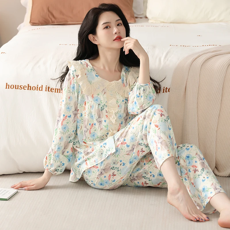 Spring AUtumn Ladies Cotton Pajama Sets Sexy Homewear Women's Casual Luxury Pajamas Plus Size Pajamas Fashion Female Sleepwear