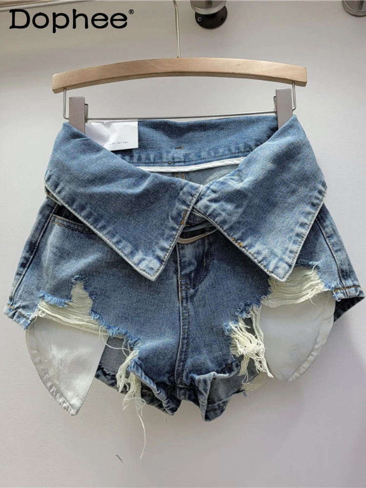 

Retro Tattered Short Jeans Women 2024 Spring Summer Hot Girl Style High Waist Slimming and Wide Leg Shorts Black Booty Shorts
