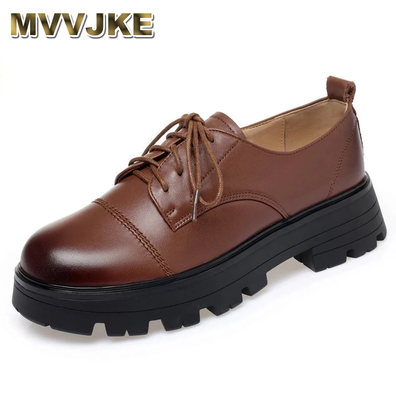 

Women Oxford Shoes Genuine Leather Spring New Lace-up Llarge Size 43 Women's Loafers Platform Ladies Shoes Black Brown