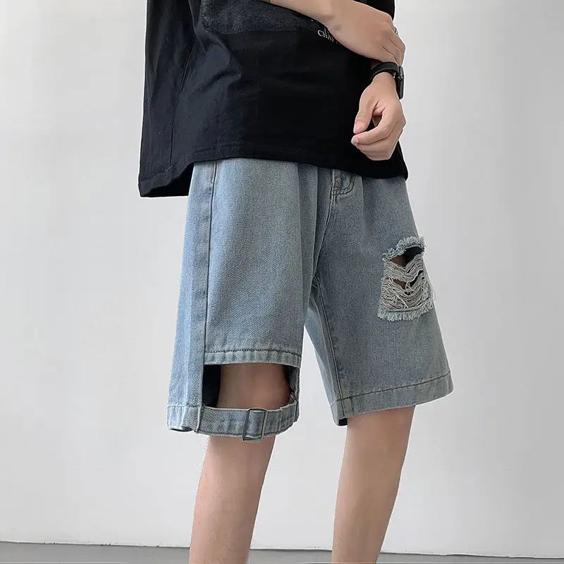 Ripped denim shorts men's summer American high street design niche trousers trendy brand loose large size trousers men clothing