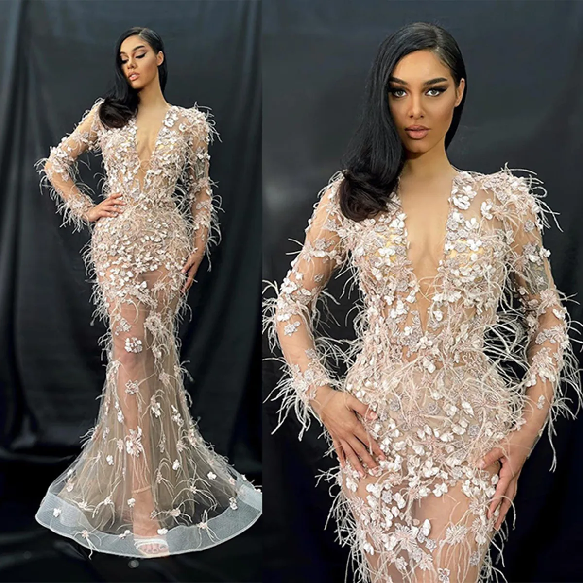 

Lllusion Evening Mermaid Dresses Deep V-Neck Full-Sleeve Feather Special Occasion Dress Applique Floor-Length Tulle Prom Gowns