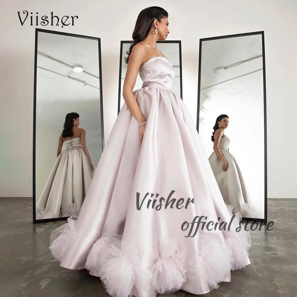 

Viisher A Line Princess Evening Dresses Draped Satin Strapless Ball Gown Prom Party Dress Floor Length Celebrate Event Dress