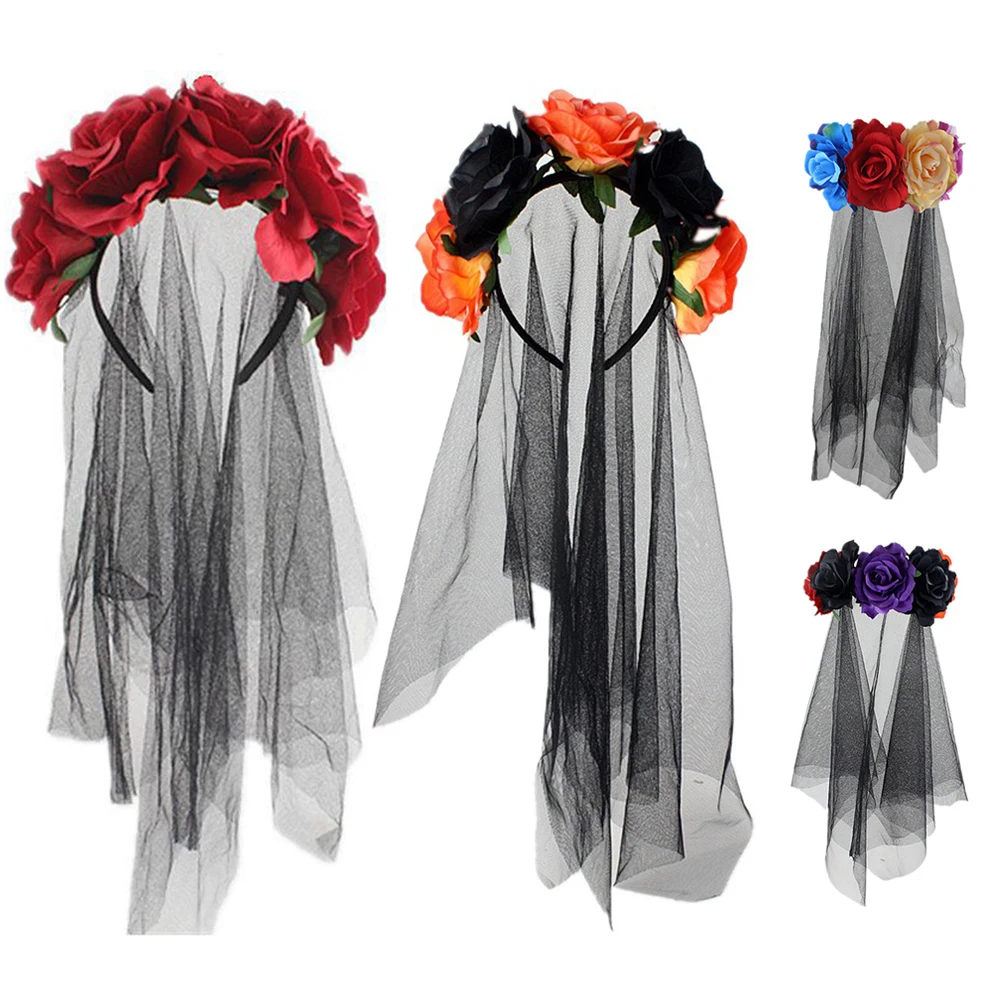 

Cosplay Long Net Yarn Mesh Artificial Flower Hairbands Halloween Veil Headband Rose Flowers Gauze Hair Hoop DIY Hair Accessories